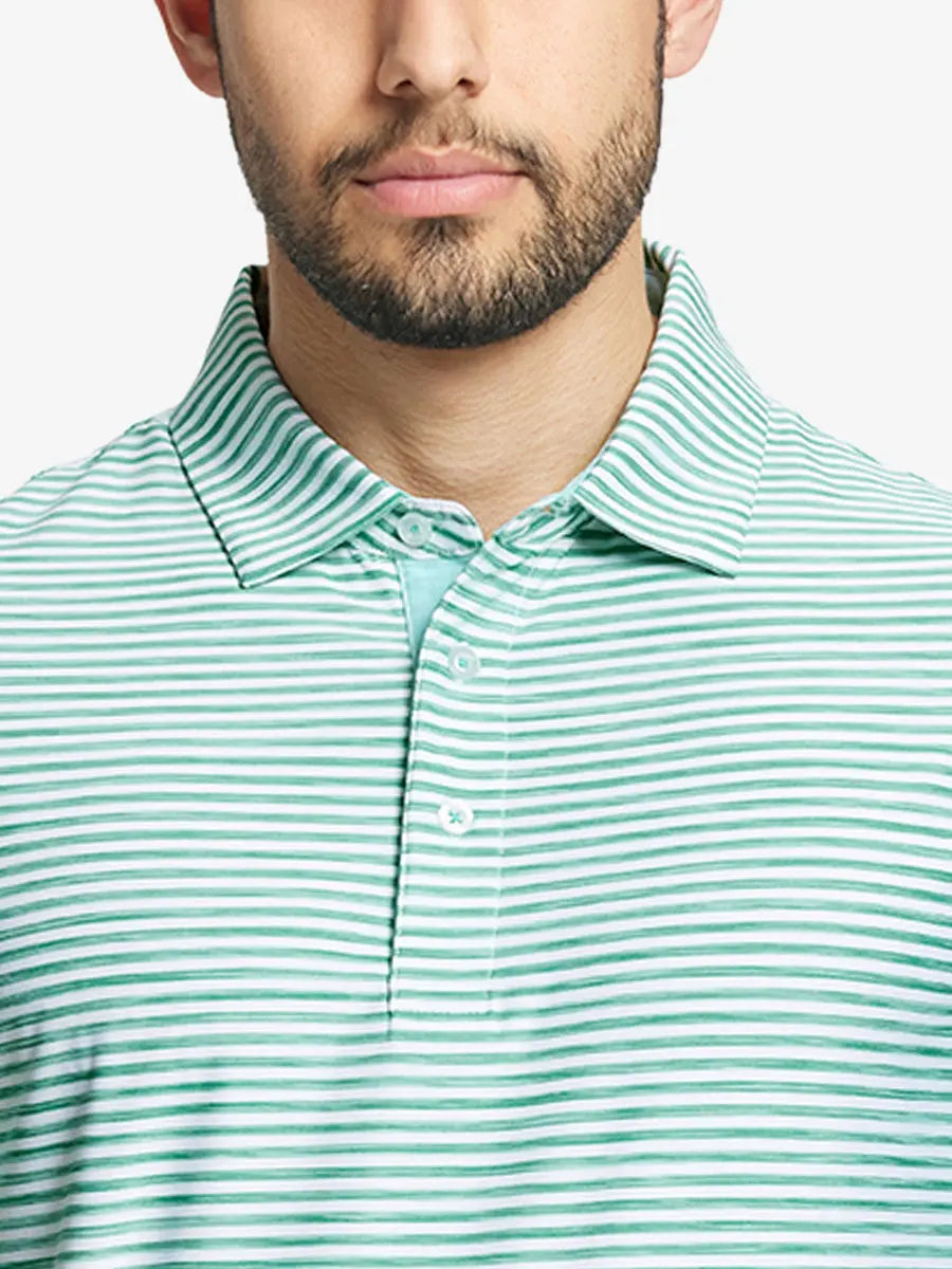 Close-up from nose to chest showing GREEN WHITE Unique Watercolour Stripe Polo’s fluid stripe pattern