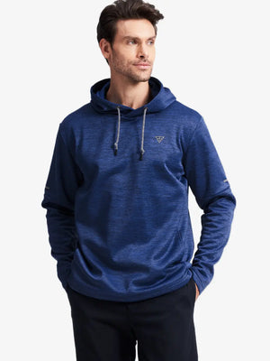 Half-body front look highlighting COBALT HEATHER pullover's soft texture and clean finish