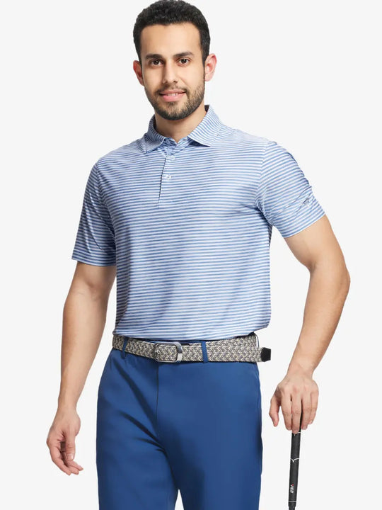 Half-body front view with golf club wearing SKY BLUE WHITE polo, featuring breezy stripe tones