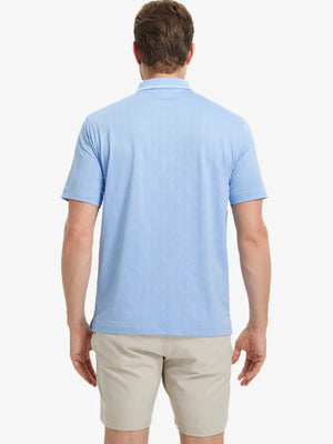 Back half-body view of Modern Texture Stylish Polo in MISTY BLUE worn by model.
