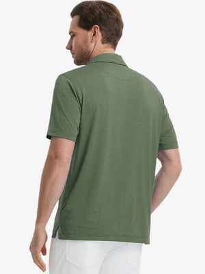 Back view from waist up showing the fit of DARK GREEN 4 Way Stretch Jacquard Polo on model