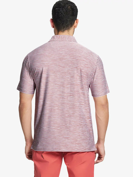 Rear half-body view of BRICK WHITE polo with layered watercolor bands in warm, brick hues