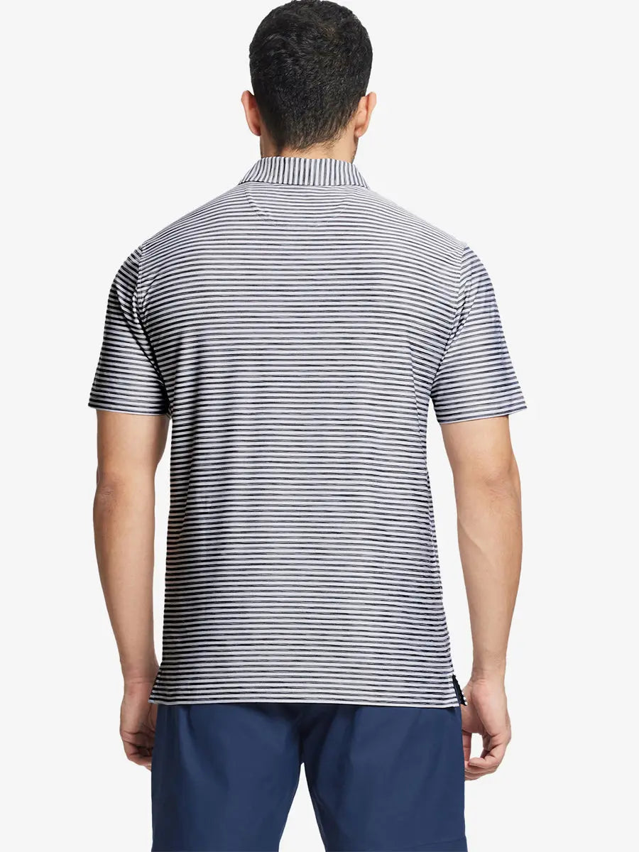 Back half-body view showing graceful stripes on BLACK WHITE Unique Watercolour Stripe Polo