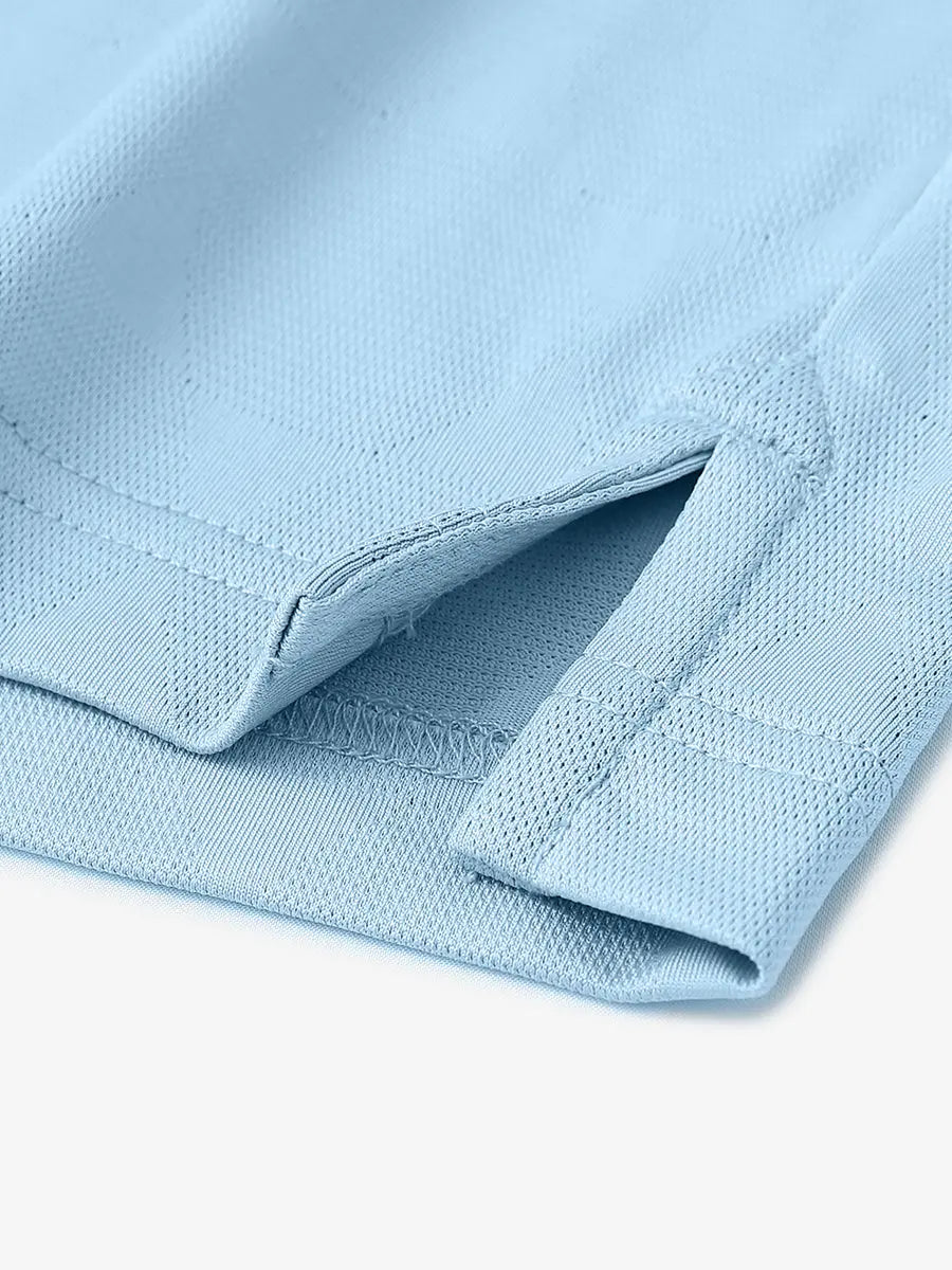 Close-up detail of hem opening on Modern Texture Stylish Polo in SKY BLUE.