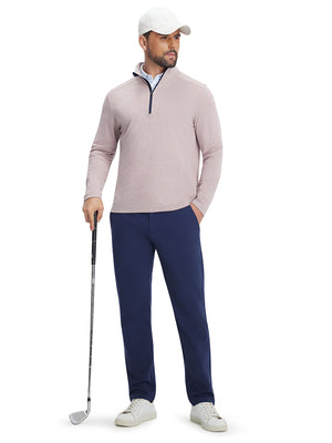Front upper body view of model holding a golf club in khaki two tone pique cotton blend q-zip