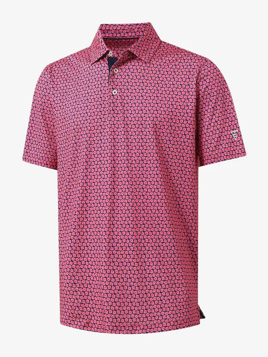3D view of MAELREG Performance Jersey Print Polo in Rose Flower – breathable golf fabric