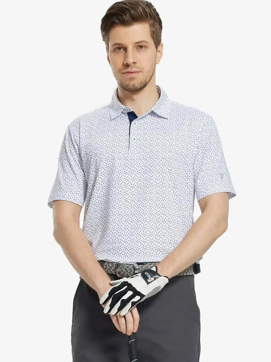 MAELREG Men's Performance Jersey Print Polo in White Navy Swallow – front half-body with golf pose