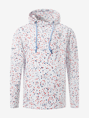 Front 3D view of youth full print hoodies pullover showing detailed fabric and fit, white polka dots.