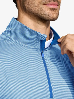 Front view from nose to chest of model wearing Pinstripe Quarter Zip Pullover – LIGHT BLUE MELANGE