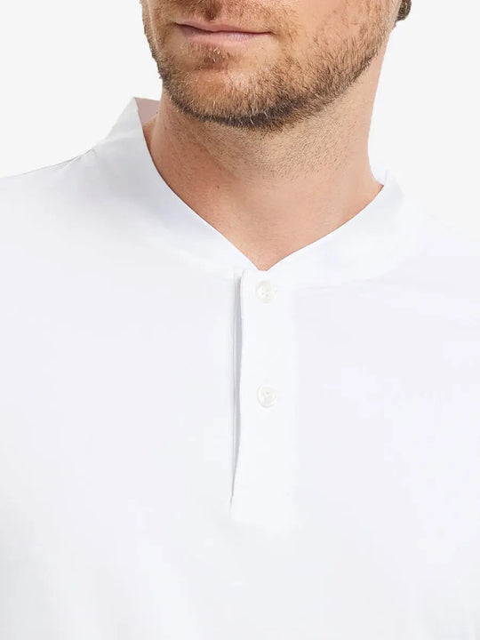 Front view from nose to chest wearing Everyday Collarless Jersey Shirt in White.
