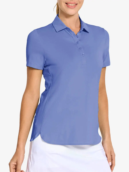 Front view from nose to hem of model wearing HAZE BLUE Women's Performance Solid Polo with skirt