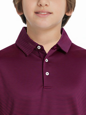 Front view of youth wearing maroon stripe performance cooling polo, showing collar and chest fit