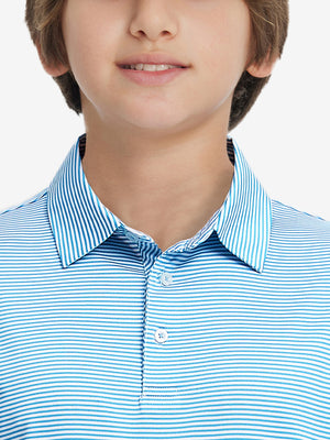 Front view of youth wearing sky blue stripe performance cooling polo, showing collar and chest fit