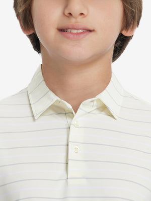 Close-up of collar on trendy boys stripe polo shirts, neat stitching with beige stripe accent