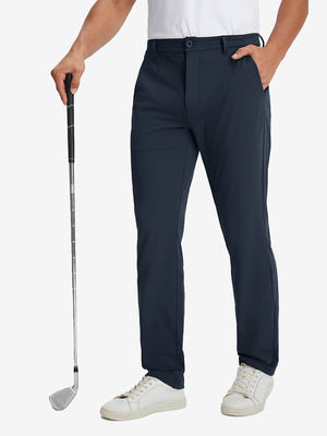 Soft lightweight casual golf pants with 5 pockets in navy, front lower-body view with relaxed fit.