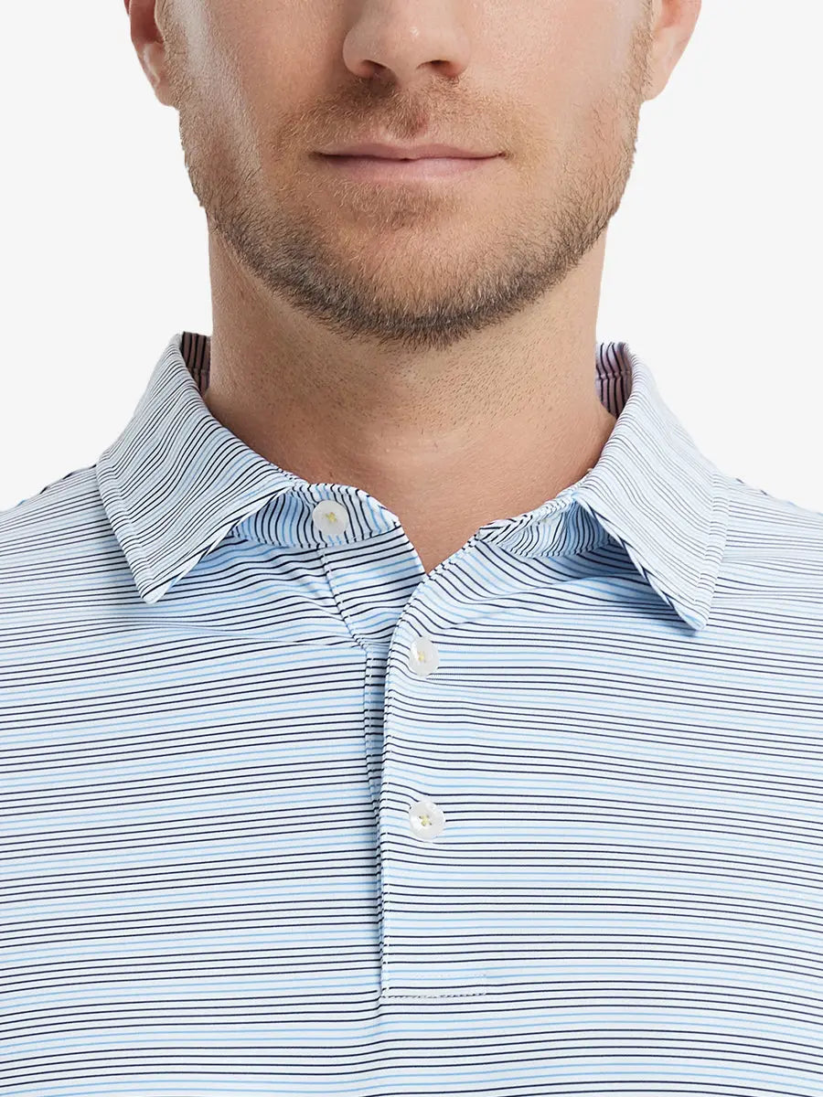 Navy Blue Stripe Performance Stripe Golf Shirt – close-up front from model’s nose to chest