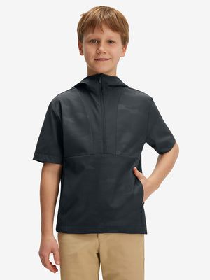 Front waist-up shot of model wearing dark grey water-resistant short sleeve q-zip hoodie for boys