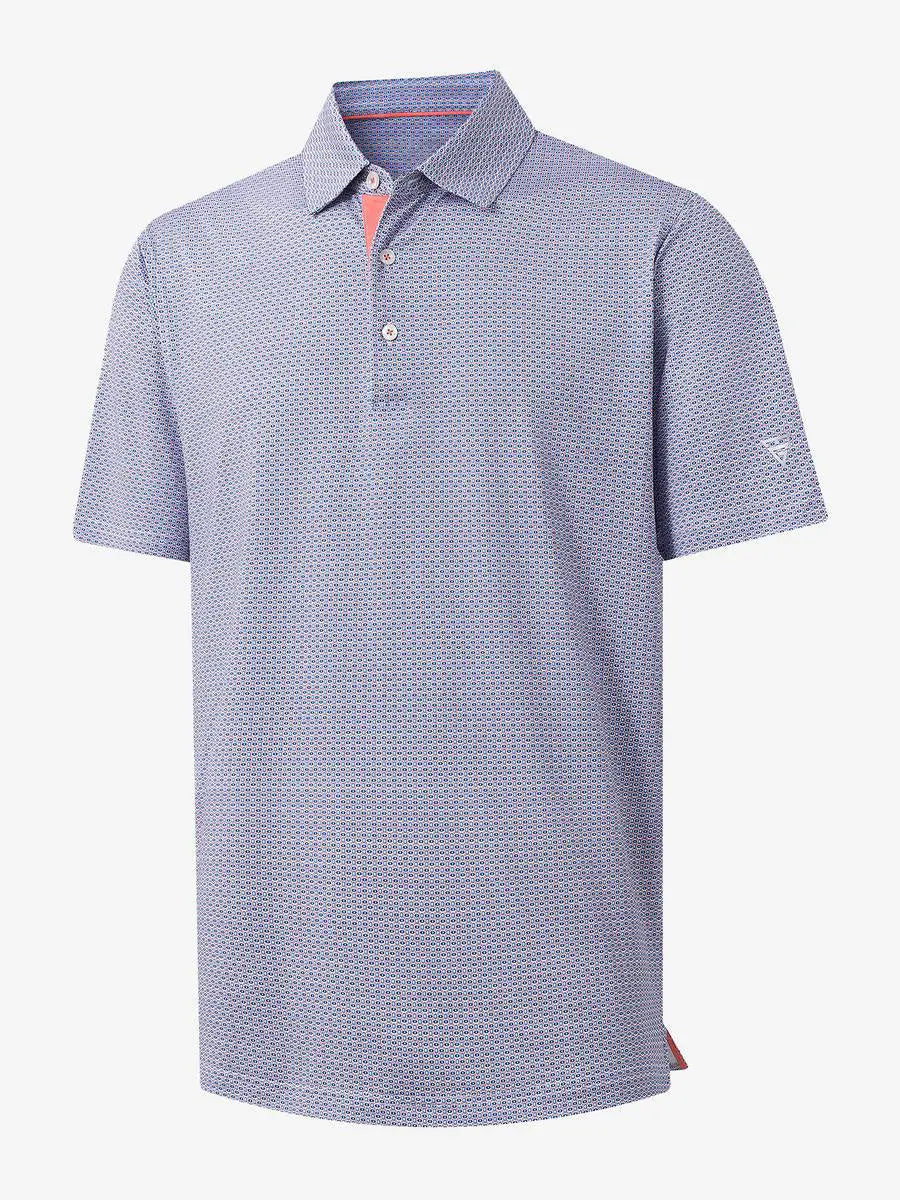 3D view of MAELREG Performance Jersey Print Polo in Blue White Oval – breathable golf fabric