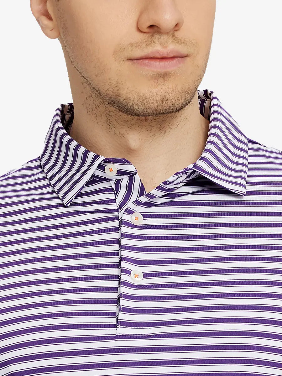 Upper chest close-up showing Purple White Yarn Dyed Stripe Polo – from nose to chest