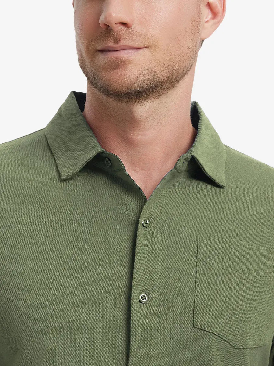 Model front view from nose to chest wearing OLIVE GREEN Cotton Blend Plain Shirt.