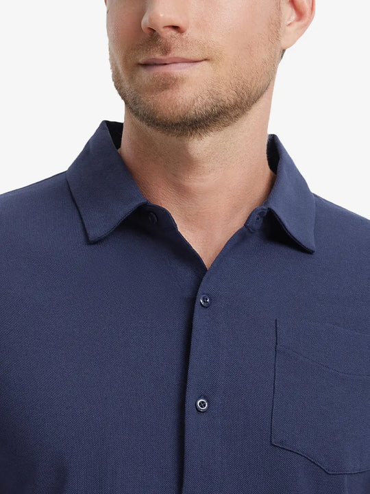 Model front view from nose to chest wearing NAVY Cotton Blend Plain Shirt.