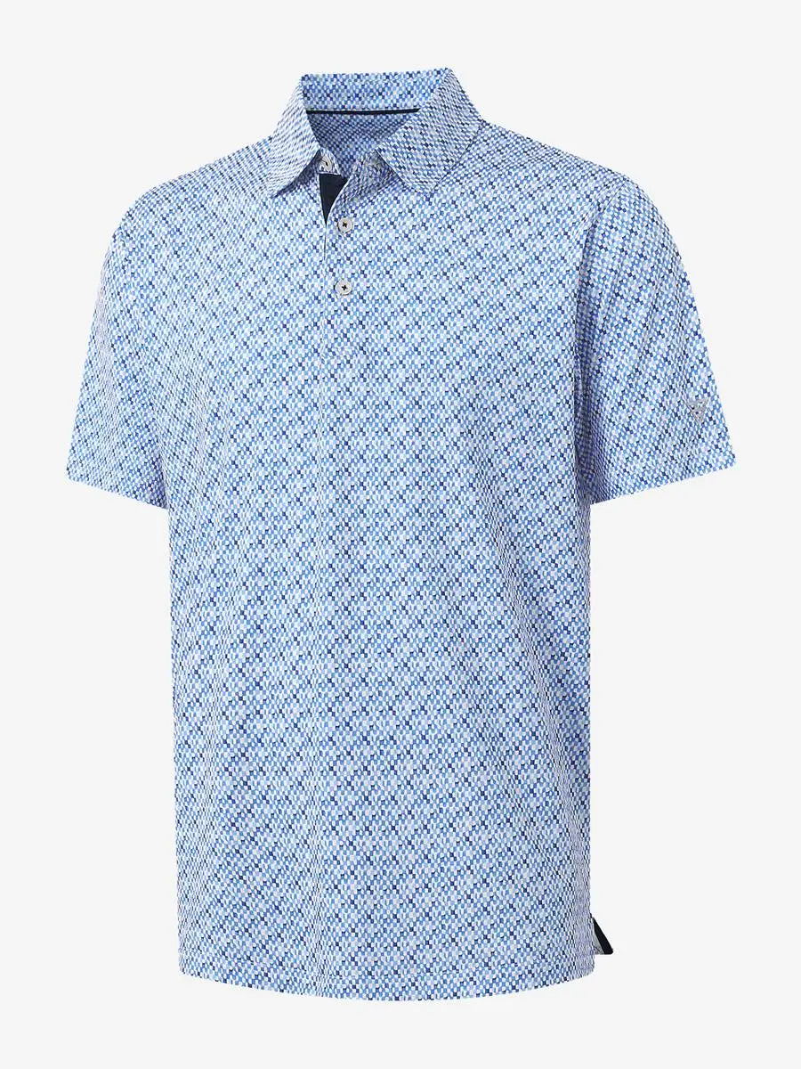 3D view of MAELREG Performance Jersey Print Polo in Gingham Mosaic – breathable golf fabric