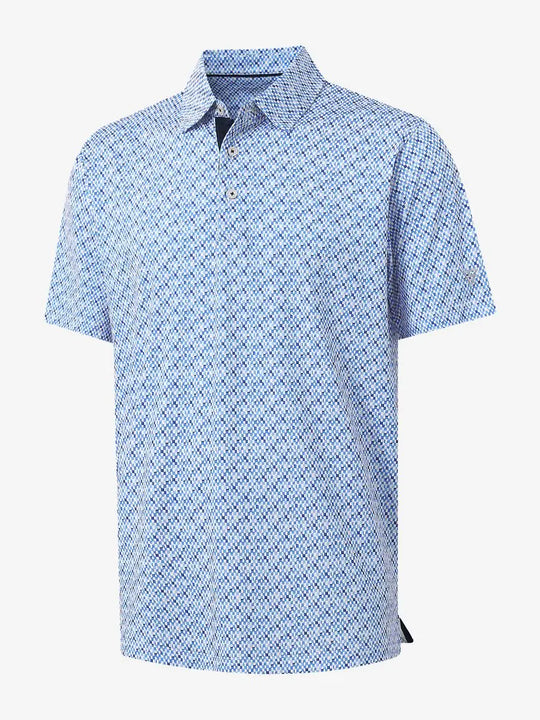 3D view of MAELREG Performance Jersey Print Polo in Gingham Mosaic – breathable golf fabric