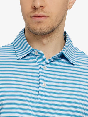 Upper chest close-up showing Sky Blue White Yarn Dyed Stripe Polo – from nose to chest