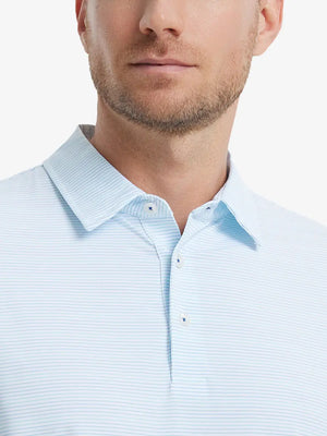 Slate Blue Aqua Blue Stripe Performance Stripe Golf Shirt – close-up front from model’s nose to chest
