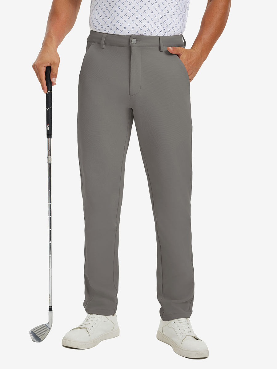 3D front view of model with golf club wearing lightweight moisture wicking dress pants in dark khaki.