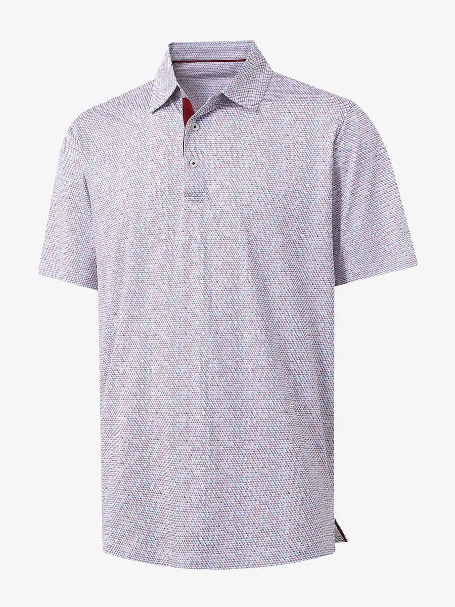 3D view of MAELREG Performance Jersey Print Polo in Colourful Hexagon – breathable golf fabric