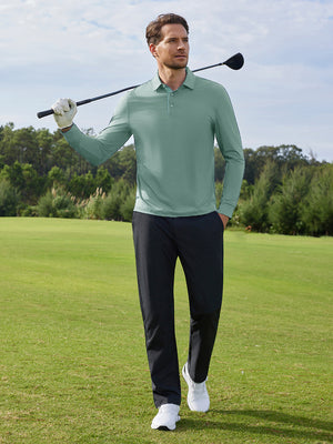 Model in beryl green long sleeve solid jersey polo holding a golf club outdoors, full-body shot