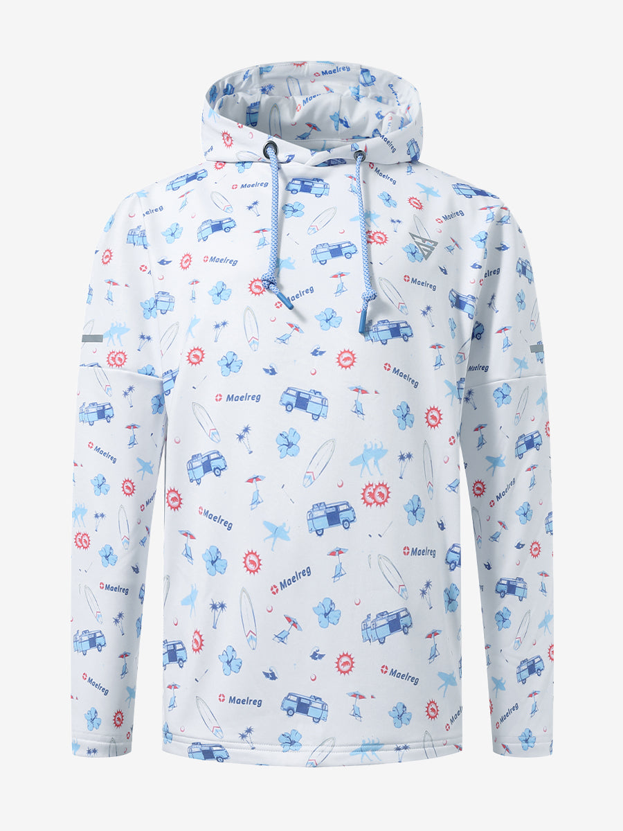 Front 3D view of youth full print hoodies pullover showing detailed fabric and fit, white cartoon toy.