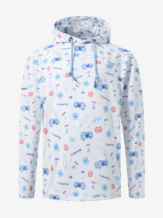 Front 3D view of youth full print hoodies pullover showing detailed fabric and fit, white cartoon toy.