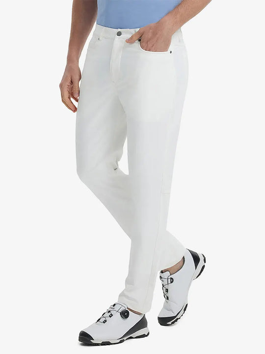 Front view of model wearing Stretch Plain Everyday Pants, athletic fit and minimal look – WHITE