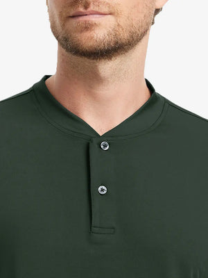 Front view from nose to chest wearing Everyday Collarless Jersey Shirt in OLIVE GREEN.