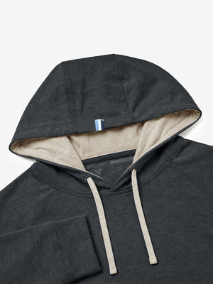 Close-up detail of hood structure, heather midlayer golf hoodies in black heather