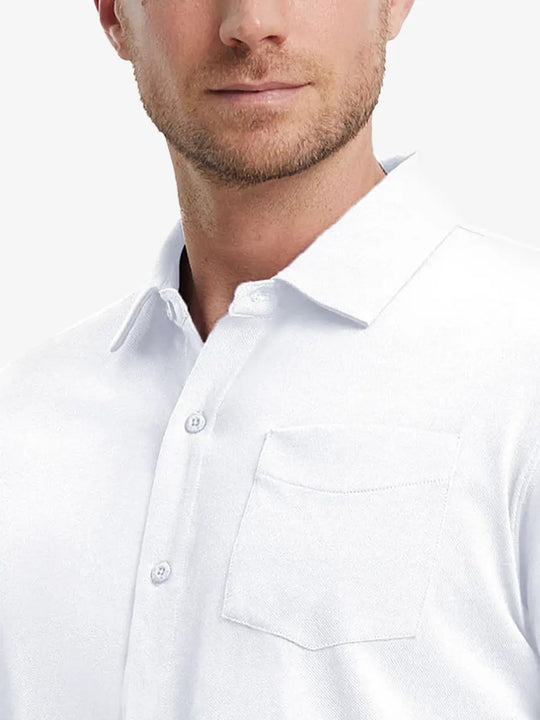 Model front view from nose to chest wearing WHITE Cotton Blend Plain Shirt.