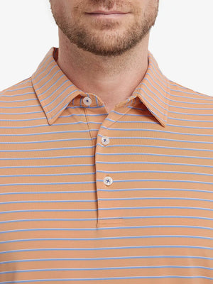 Front chest view of ORANGE/CAROLINA BLUE STRIPE Polo with vibrant spring tones