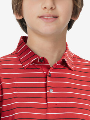 Close-up of collar on trendy boys stripe polo shirts, neat stitching with dark grey stripe accent