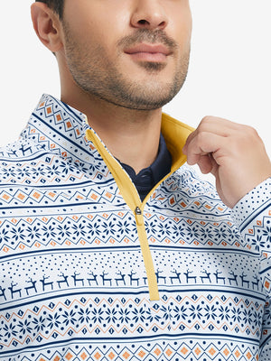 Close-up from nose to chest, showing zipper collar detail and fabric pattern of the christmas snowflake pullover.