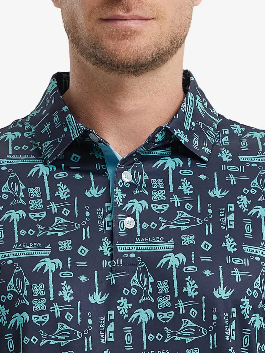 MAELREG Men's Performance Jersey Print Polo – Front chest view in Navy Ocean Beach