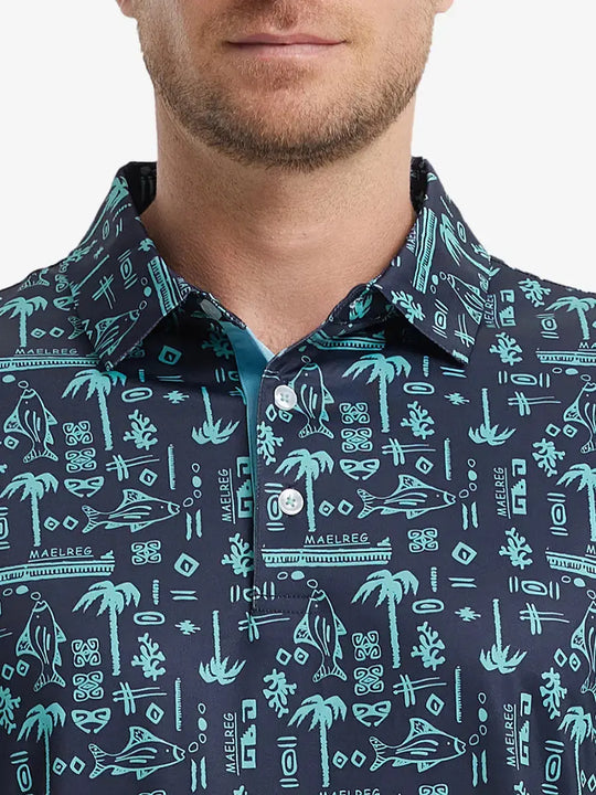 MAELREG Men's Performance Jersey Print Polo – Front chest view in Navy Ocean Beach