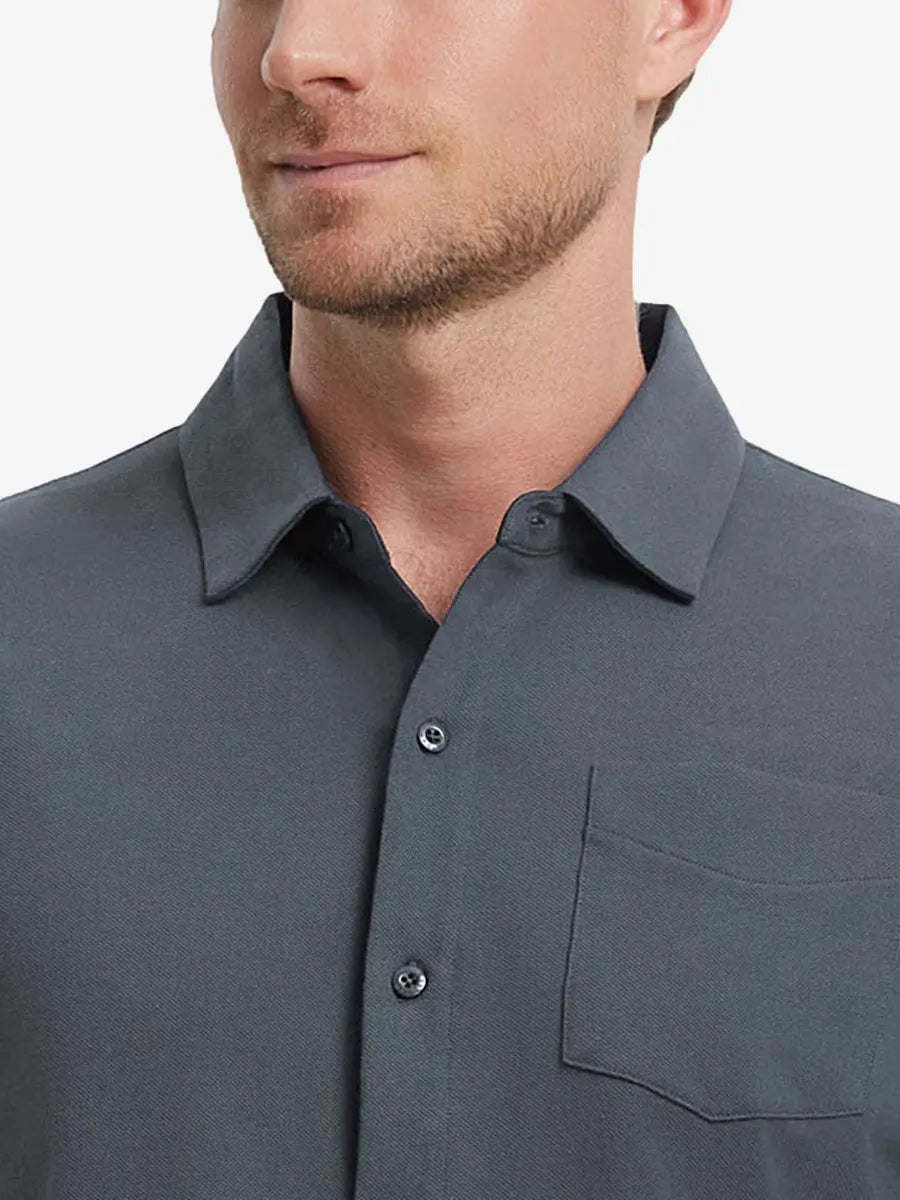 Model front view from nose to chest wearing DARK GREY Cotton Blend Plain Shirt.