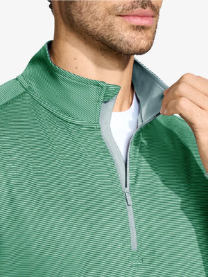 Front view from nose to chest of model wearing Pinstripe Quarter Zip Pullover – GREEN MELANGE