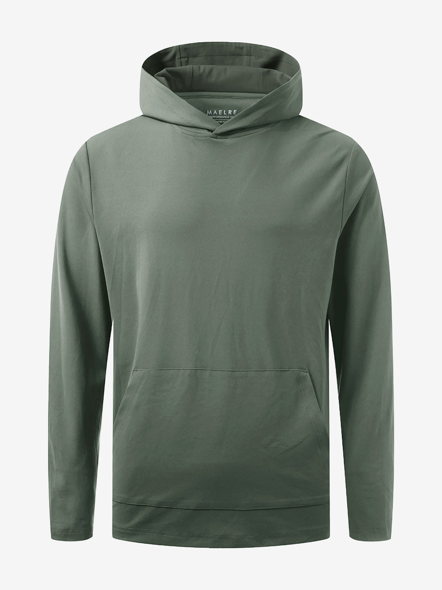 3D front view of youth long sleeve hoodied with kangaroo pocket in olive green, showing clean design.