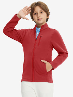 Model wearing kids soft lightweight fleece lined jacket in red, showcasing front half-body view.