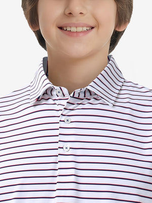Front collar upper body of youth performance golf polos, clean neckline and white/navy stripe detail