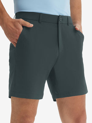 Front lower body shot of model wearing the iron grey stretch soft flat front dress golf shorts, showcasing the fit