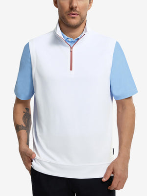 Upper body front view of model wearing white lightweight sleeveless quarter zip golf vest